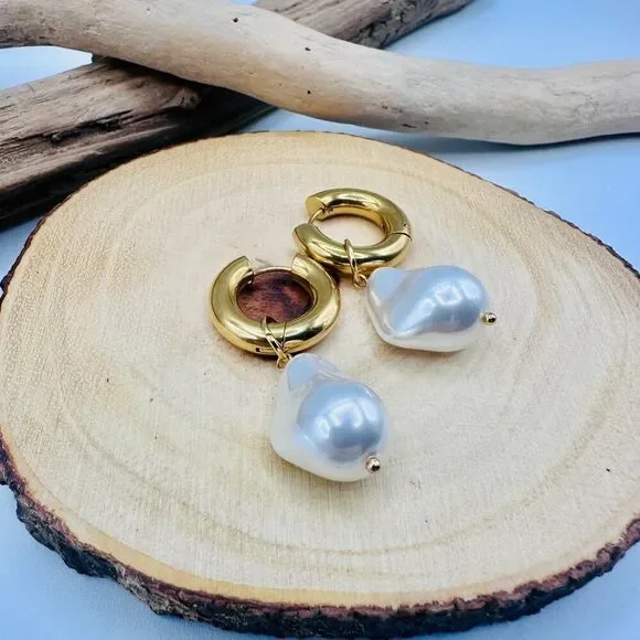 Baroque Pearl Gold Hoop Huggie Earrings 18K Stainless Steel - Picture 4 of 6